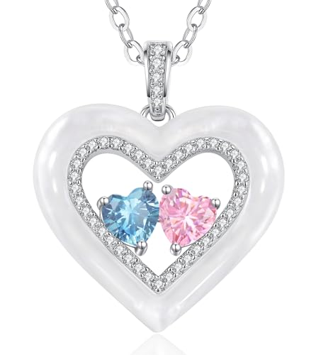 CDE Kette Damen Shell Doppel Herz Halskette Sterling Silber 954 Geburtsstein Halsketten mit Anhänger Schmuck Valentinstag Liebes Geschenk für Sie Muttertag Geburtstag Weihnachten Geschenke für Frauen von CDE