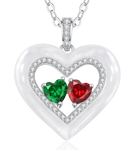 CDE Kette Damen Shell Doppel Herz Halskette Sterling Silber 925 Geburtsstein Halsketten mit Anhänger Schmuck Valentinstag Liebes Geschenk für Sie Muttertag Geburtstag Weihnachten Geschenke für Frauen von CDE