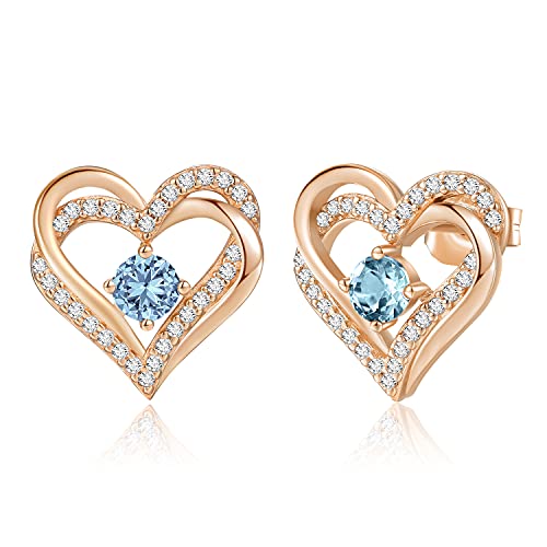 CDE Ohrringe für Damen 925 Sterling Silber Rosegold Geschenk für Sie Forever Love Herz Geburtsstein Frauen Ohrstecker Schmuck Valentinstag Weihnachten Muttertag Geburtstags Hochzeits Jubiläum von CDE