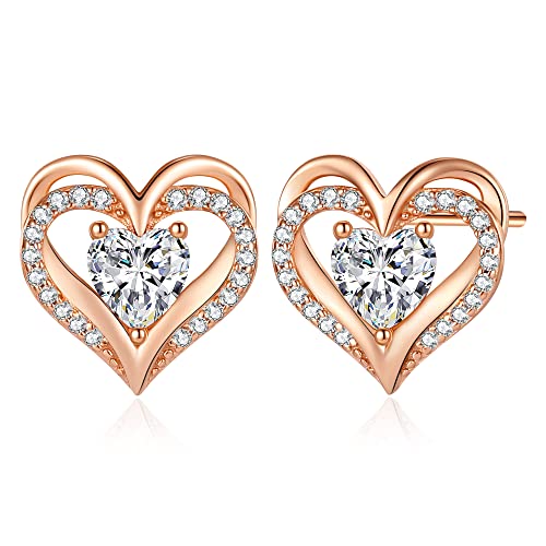 CDE Ohrringe für Damen 925 Sterling Silber Rosegold Geschenk für Sie Forever Love Herz Geburtsstein Frauen Ohrstecker Schmuck Valentinstag Weihnachten Muttertag Geburtstags Hochzeits Jubiläum von CDE