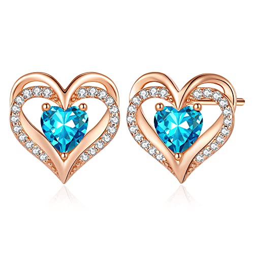 CDE Ohrringe für Damen 925 Sterling Silber Rosegold Geschenk für Sie Forever Love Herz Geburtsstein Frauen Ohrstecker Schmuck Valentinstag Weihnachten Muttertag Geburtstags Hochzeits Jubiläum von CDE