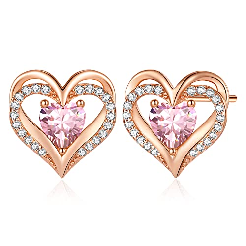 CDE Ohrringe für Damen 925 Sterling Silber Rosegold Geschenk für Sie Forever Love Herz Geburtsstein Frauen Ohrstecker Schmuck Valentinstag Weihnachten Muttertag Geburtstags Hochzeits Jubiläum von CDE