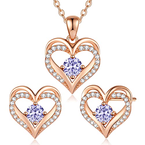 CDE Schmuckset Damen Muttertagsgeschenk 925 Sterling Silber Forever Love Herz Rosegold Geburtsstein Halskette und Ohrringe Set für Frauen Schmuck Geschenk Geburtstag Valentinstag Weihnachten von CDE