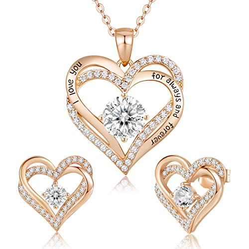 CDE Schmuckset Damen Muttertagsgeschenk 925 Sterling Silber Forever Love Herz Rosegold Geburtsstein Halskette und Ohrringe Set für Frauen Schmuck Geschenk Geburtstag Valentinstag Weihnachten von CDE