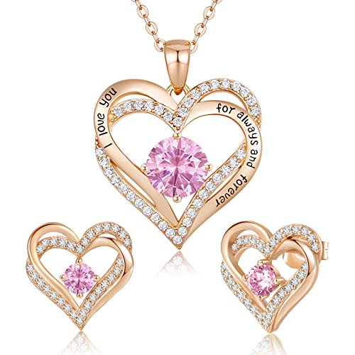 CDE Schmuckset Damen Muttertagsgeschenk 925 Sterling Silber Forever Love Herz Rosegold Geburtsstein Halskette und Ohrringe Set für Frauen Schmuck Geschenk Geburtstag Valentinstag Weihnachten von CDE