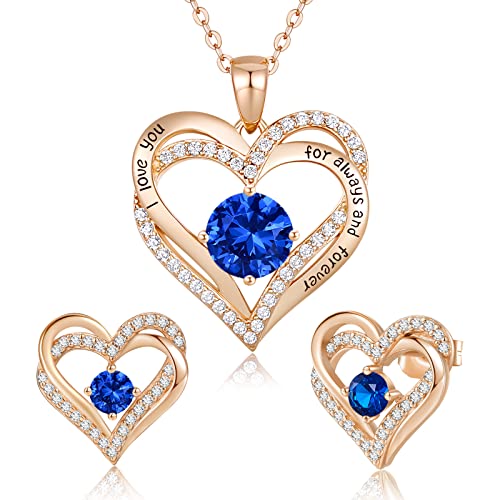 CDE Schmuckset Damen Muttertagsgeschenk 925 Sterling Silber Forever Love Herz Rosegold Geburtsstein Halskette und Ohrringe Set für Frauen Schmuck Geschenk Geburtstag Valentinstag Weihnachten von CDE