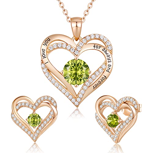 CDE Schmuckset Damen Muttertagsgeschenk 925 Sterling Silber Forever Love Herz Rosegold Geburtsstein Halskette und Ohrringe Set für Frauen Schmuck Geschenk Geburtstag Valentinstag Weihnachten von CDE