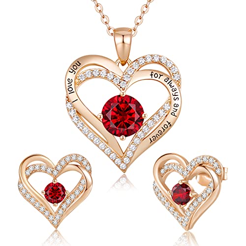 CDE Schmuckset Damen Muttertagsgeschenk 925 Sterling Silber Forever Love Herz Rosegold Geburtsstein Halskette und Ohrringe Set für Frauen Schmuck Geschenk Geburtstag Valentinstag Weihnachten von CDE