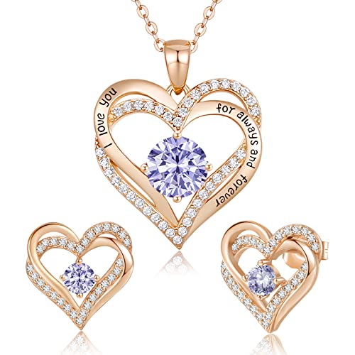 CDE Schmuckset Damen Muttertagsgeschenk 925 Sterling Silber Forever Love Herz Rosegold Geburtsstein Halskette und Ohrringe Set für Frauen Schmuck Geschenk Geburtstag Valentinstag Weihnachten von CDE