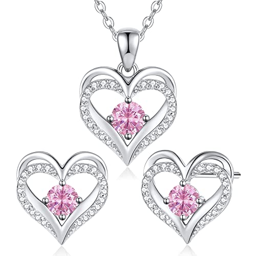 CDE Schmuckset Damen Muttertagsgeschenk 925 Sterling Silber Forever Love Herz Rosegold Geburtsstein Halskette und Ohrringe Set für Frauen Schmuck Geschenk Geburtstag Valentinstag Weihnachten von CDE