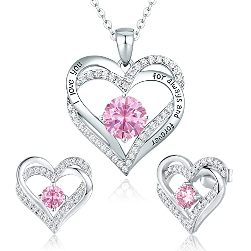 CDE Schmuckset Damen Muttertagsgeschenk 925 Sterling Silber Forever Love Herz Rosegold Geburtsstein Halskette und Ohrringe Set für Frauen Schmuck Geschenk Geburtstag Valentinstag Weihnachten von CDE