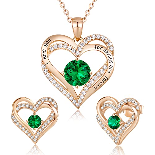 CDE Schmuckset Damen Muttertagsgeschenk 925 Sterling Silber Forever Love Herz Rosegold Geburtsstein Halskette und Ohrringe Set für Frauen Schmuck Geschenk Geburtstag Valentinstag Weihnachten von CDE