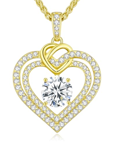 Kette Damen Moissanite Halskette Damen Silber 925, Doppel Herz VVS1 Reinheit D Farbe, Frauen Schmuck Geburtstags Geschenk für Sie Freundin Weihnachten Valentinstag Muttertags (2 Karat 14K Vergoldet2) von CDE