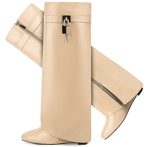 CDHYX Fold Over Boots for Women Pointy Pull-on Wedge Heel Knee Shark Boot With Side Zipper Padlock Design, Beige, 38 EU von CDHYX