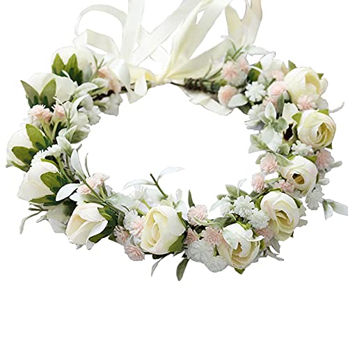 Hochzeits-Haarkranz mit Verstellbarem Band, Blumen-Kopfschmuck für Damen und Mädchen, Brautschmuck, Damen-Blumenkrone, Blumengirlande, Haarkranz, Blumen-Kopfschmuck für (Beige) von CDQL