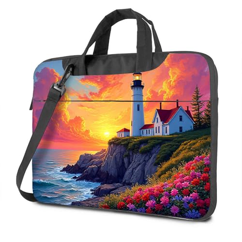 Laptop-Rucksack für Herren, Sonnenuntergang am Leuchtturm mit Blumen, Laptoptasche, Laptoptasche für Damen, 43,2 cm (17 Zoll), farbig, 26x36cm von CDSS