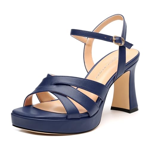 CDXJHYMY Damen-Sandalen mit Blockabsatz, Blockabsatz, offener quadratischer Zehenbereich, Knöchelriemen, Kleid, Hochzeit, Party, 8,4 cm, Marineblau matt, 36 EU von CDXJHYMY