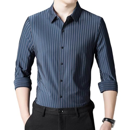 Herren-Langarmhemden – Modische, Formelle Seidenstreifen-Hemden, Business-Hemden, Freizeit-Arbeitshemden, Solides Button-Down-Hemd Für Die Arbeit, Büro, Langarm-Oberteil, Dunkelblau, XXL von CDXNORA