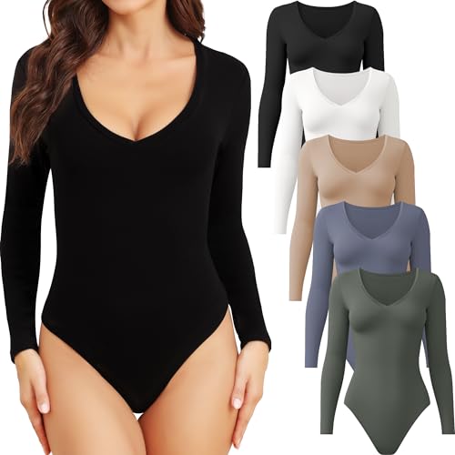 CE' CERDR 4/5er-Pack Langarm-Bodys für Frauen tiefer V-Ausschnitt dehnbar Basic Body Suit Tops, 5er-Pack Schwarz, Weiß, Nude, Dunkelblau, Olivgrün, L von CE' CERDR