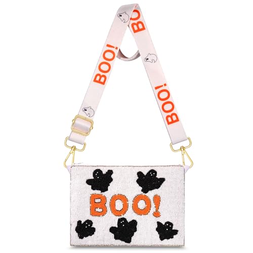 Halloween-Geldbörse für Damen, Perlen, Kürbis, Boo, Geist, Süßigkeiten, Mais, Umhängetasche, Halloween, Kostüm, Tasche, Outfits, Orange/Abendrot im Zickzackmuster (Sunset Chevron) von CEALXHENY