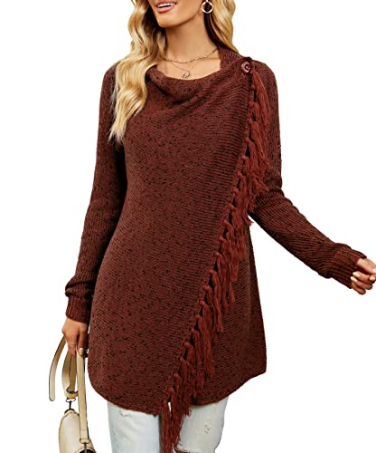 CEASIKERY Damen-Poncho mit Fransen, Pullover, Lange Strickjacke, Strickpullover, Mantel, Rotbraun,L von CEASIKERY