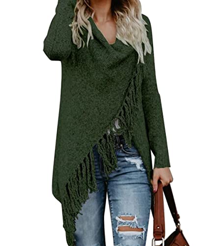 CEASIKERY Damen Pullover mit Quastensaum, lange Strickjacke, Strickpullover, Poncho-Mantel, Grün , XX-Large von CEASIKERY