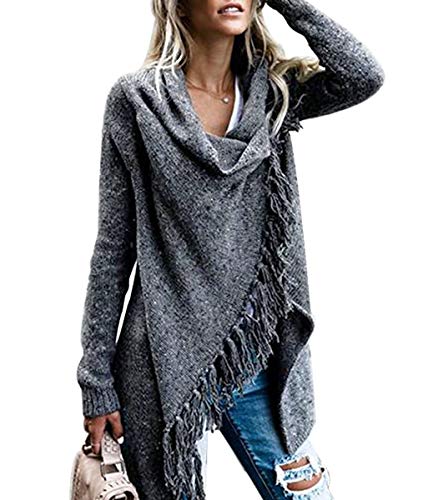 CEASIKERY Damen-Poncho mit Fransen, Pullover, Lange Strickjacke, Strickpullover, Mantel,Dunkelgrau,XXL von CEASIKERY