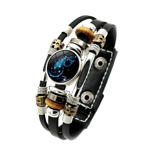 Armband Mit 12 Sternbildern Für Damen Und Herren, Mehrschichtiges Perlen-Leder-Sternzeichen-Armband, Horoskop-Astrologie-Armband Mit Sternzeichen, Retro-Schmuck, Paar-Geschenke, Wassermann, 20,5 Cm von CECE&COLE