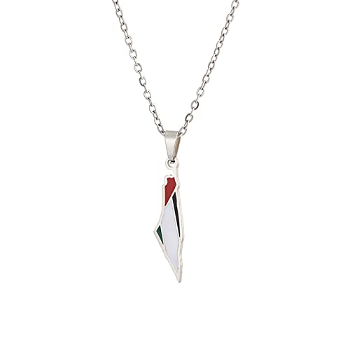 CECECOLEPansr Israel Und Palästina Kartenform Anhänger Halskette Tropfen Glasur Mode Paar Halskette Schmuck Charm Unisex Pullover Kette Für Damen Herren Geschenk Accessoires,Silber,45Cm(17.7 Zoll) von CECECOLEPansr