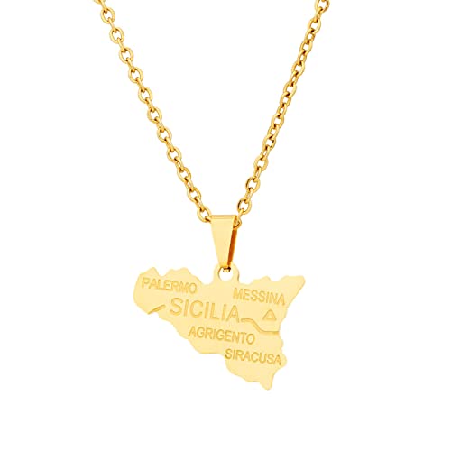 CECECOLEPansr Italien Sizilien Karte Umriss Anhänger Halskette Schmuck Charm Mode Geometrischer Buchstabe Hip Hop Paar Halskette Unisex Pullover Kette Für Damen Herren Geschenk,Gold,45Cm(17.7 Zoll) von CECECOLEPansr