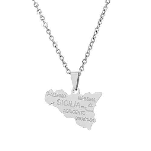 CECECOLEPansr Italien Sizilien Karte Umriss Anhänger Halskette Schmuck Charm Mode Geometrischer Buchstabe Hip Hop Paar Halskette Unisex Pullover Kette Für Damen Herren Geschenk,Silber,45Cm(17.7 Zoll) von CECECOLEPansr