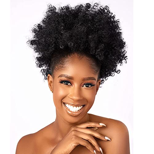 CECINILL Afro Puff kinky curly Drawstring Ponytail Extension for Women Synthetic Short Afro Kinkys Curly Afro Bun Extension Hairpieces Updo Hair Extensions with Two Clips(1B) von CECINILL