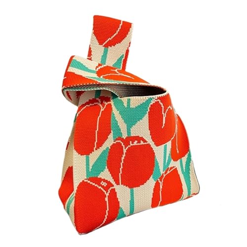 CEHJZQRPL Handgelenksknotentasche Tulpendruck Strickhandtasche Damen Tragetasche Knoten Handgelenktasche Handgemachte Schultertasche(Red) von CEHJZQRPL