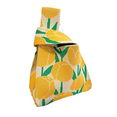 CEHJZQRPL Handgelenksknotentasche Tulpendruck Strickhandtasche Damen Tragetasche Knoten Handgelenktasche Handgemachte Schultertasche(Yellow) von CEHJZQRPL