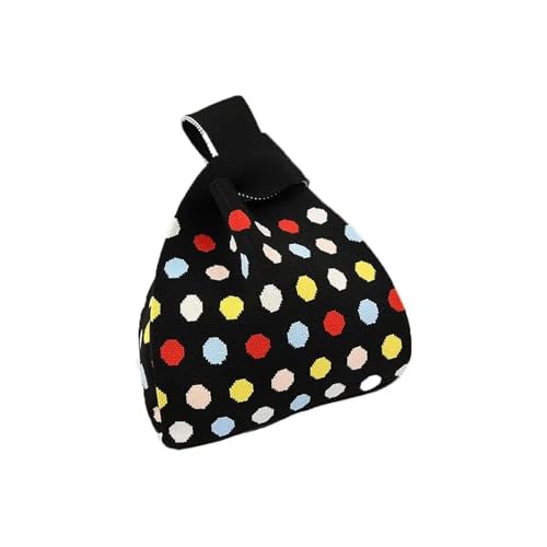 CEHJZQRPL Handgelenksknotentasche Wiederverwendbare karierte Punkte Einkaufstaschen Schultertasche Strickhandtasche Einkaufstasche Knoten Handgelenktasche Handarbeit(Black) von CEHJZQRPL