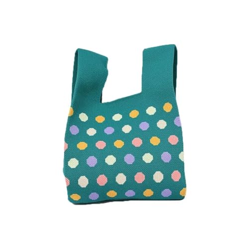 CEHJZQRPL Handgelenksknotentasche Wiederverwendbare karierte Punkte Einkaufstaschen Schultertasche Strickhandtasche Einkaufstasche Knoten Handgelenktasche Handarbeit(Blue) von CEHJZQRPL