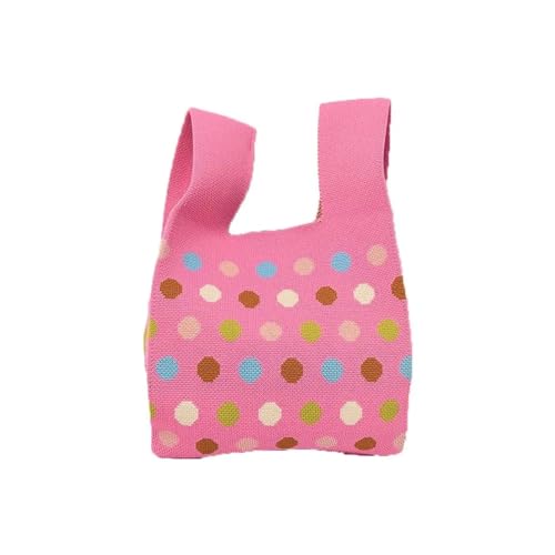 CEHJZQRPL Handgelenksknotentasche Wiederverwendbare karierte Punkte Einkaufstaschen Schultertasche Strickhandtasche Einkaufstasche Knoten Handgelenktasche Handarbeit(Pink) von CEHJZQRPL