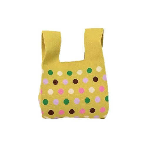CEHJZQRPL Handgelenksknotentasche Wiederverwendbare karierte Punkte Einkaufstaschen Schultertasche Strickhandtasche Einkaufstasche Knoten Handgelenktasche Handarbeit(Yellow) von CEHJZQRPL