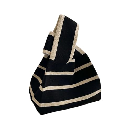 CEHJZQRPL Handgemachte Strickhandtasche Damen Knoten Handgelenktasche Mode Lässig Farbe Breite Streifen Karierte Einkaufstasche Student(Black) von CEHJZQRPL