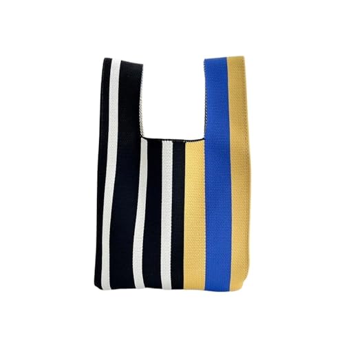 CEHJZQRPL Original Design Streifen Gestrickte Tasche Student Handtasche Mädchen Casual Schulter Handtasche Frauen Retro Handgelenk Tasche(Blue Black) von CEHJZQRPL