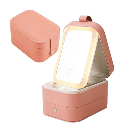 CEIEVER Kosmetiktasche mit LED-Spiegel, 3 Schichten, Reise-Make-up-Tasche mit 3 Farben, LED-beleuchteter Spiegel, tragbarer Reiseschmuck, Make-up-Organizer, Spiegel, Make-up-Tasche mit Trennwänden für von CEIEVER