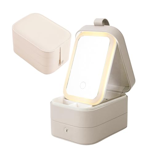 CEIEVER Kosmetiktasche mit LED-Spiegel, 3 Schichten, Reise-Make-up-Tasche mit 3 Farben, LED-beleuchteter Spiegel, tragbarer Reiseschmuck, Make-up-Organizer, Spiegel, Make-up-Tasche mit Trennwänden für von CEIEVER