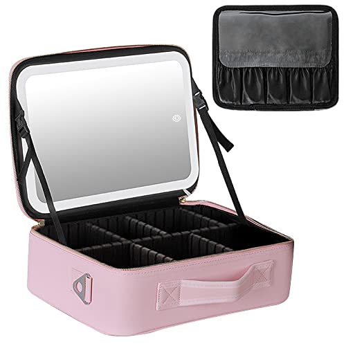 Kosmetiktasche mit Spiegel,CEIEVER Make Up Tasche mit Beleuchtetem Spiegel Tragbare Schminktasche mit Verstellbaren Trennwänden Reise Kosmetiktasche für Frauen (Rosa, 26X23X11CM) von CEIEVER