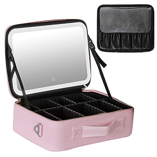 Kosmetiktasche mit Spiegel,CEIEVER Make Up Tasche mit Beleuchtetem Spiegel Tragbare Schminktasche mit Verstellbaren Trennwänden Reise Kosmetiktasche für Frauen (Rosa, 37X26,5X12,5CM) von CEIEVER