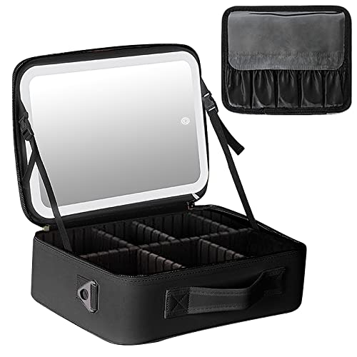 Kosmetiktasche mit Spiegel,CEIEVER Make Up Tasche mit Beleuchtetem Spiegel Tragbare Schminktasche mit Verstellbaren Trennwänden Reise Kosmetiktasche für Frauen (Schwarz, 26X23X11CM) von CEIEVER