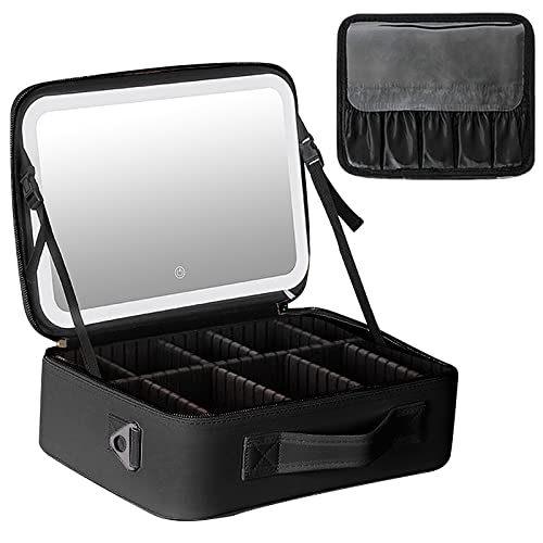 Kosmetiktasche mit Spiegel,CEIEVER Make Up Tasche mit Beleuchtetem Spiegel Tragbare Schminktasche mit Verstellbaren Trennwänden Reise Kosmetiktasche für Frauen (Schwarz, 37X26,5X12,5CM) von CEIEVER