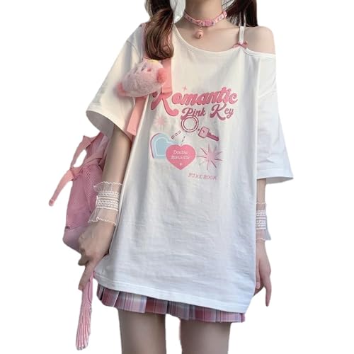 CEINOM Damen Kawaii Schulterfreies T-Shirt Harajuku Mädchen Weiß Tops Y2k Ästhetisch Niedlich Grafik Tees Japanisch, Weiss/opulenter Garten, X-Groß von CEINOM