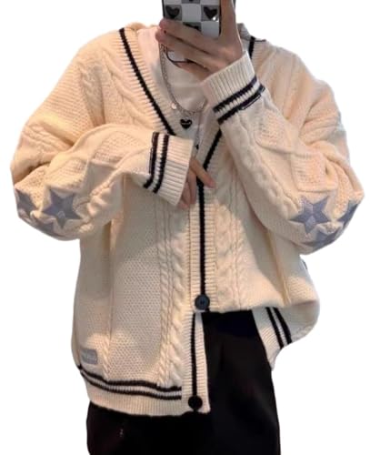 Damen Strickjacke Stern Stickerei Strick Open Front Cardigan V-Ausschnitt Langarm Oversized Button Sweater Mantel Outwear, Beige1, X-Groß von CEINOM