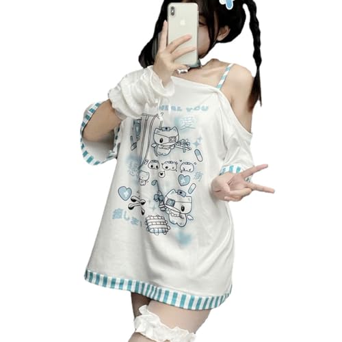 Y2k Harajuku Cartoon-Print T-Shirts Gothic Frauen Japanische Mode Patchwork Schulterfrei T-Shirt Kawaii Süße T-Shirts Tops, Weiss/opulenter Garten, Mittel von CEINOM