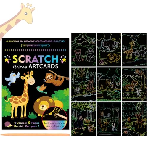 CEJAS 1 Stück Kratzbilder für Kinder 19 × 14 cm Magische Regenbogen Kratzpapier Kratzbuch Magic Scratch Book Kratzpapier Set mit Buntem Farbverlauf und Kratzstift, Tierthema von CEJAS